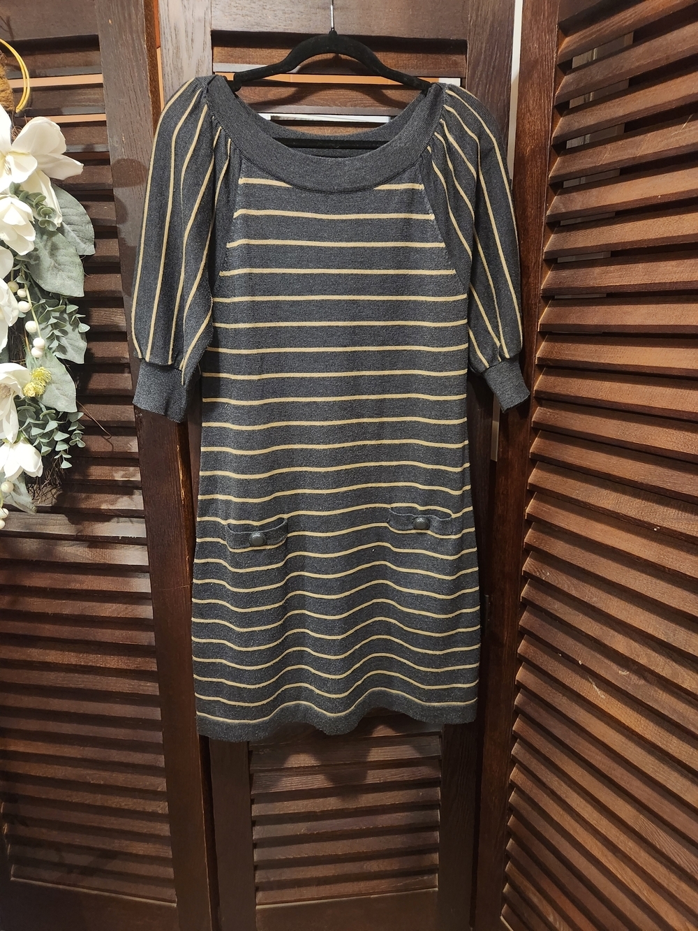 Jessica Howard Charcoal Gray and Yellow Striped Midi Dress